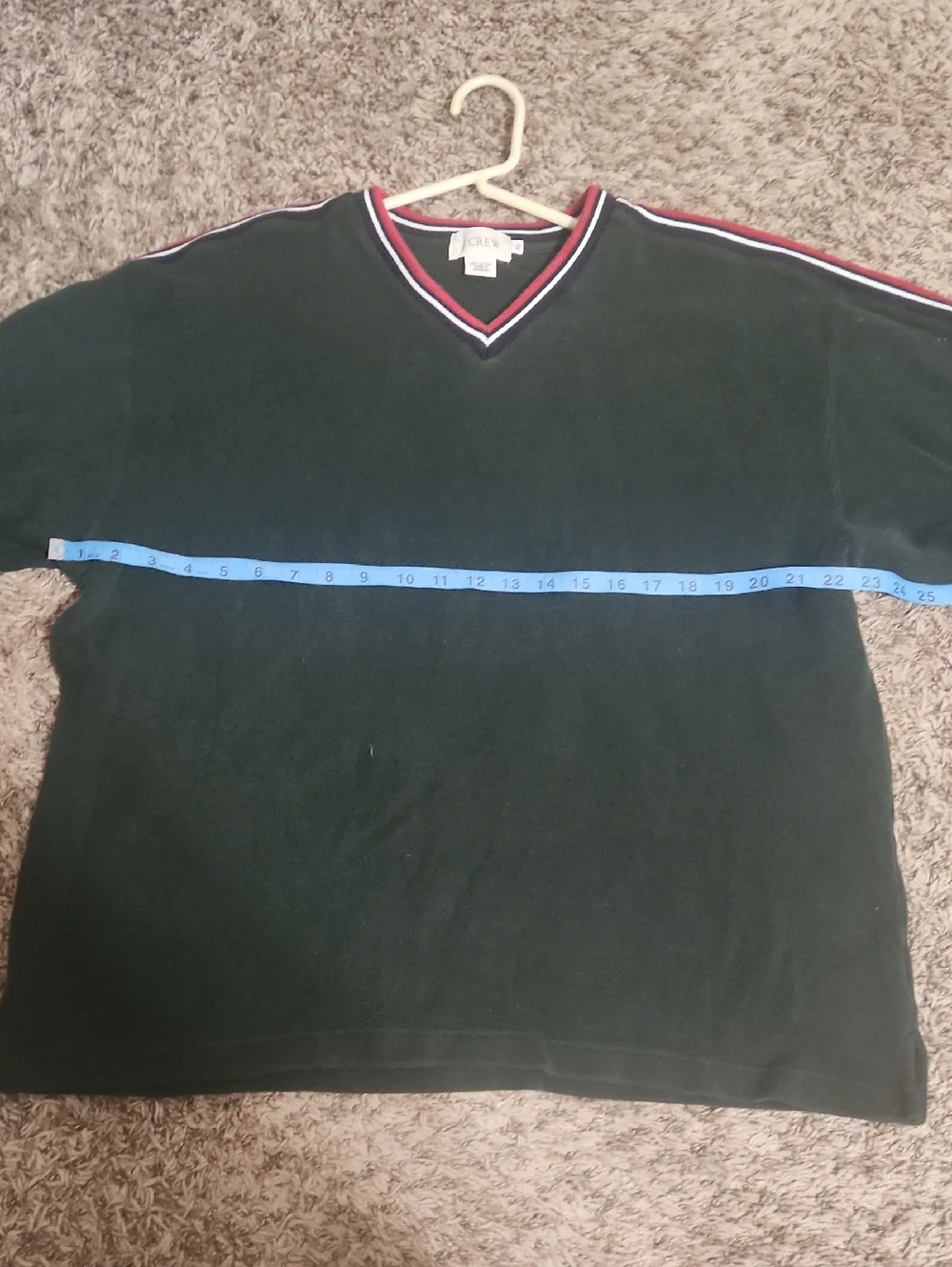 J. Crew Men's Dark Green V-Neck Sweater with Red and White Trim XL